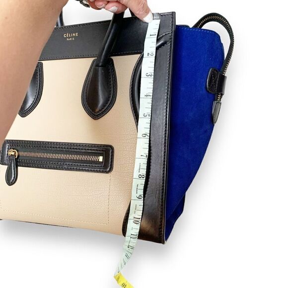 CELINE Tri-Color, Tan Calfskin Leather, Blue Suede, Black Trim Luggage Tote Bag - Picture 10 of 17